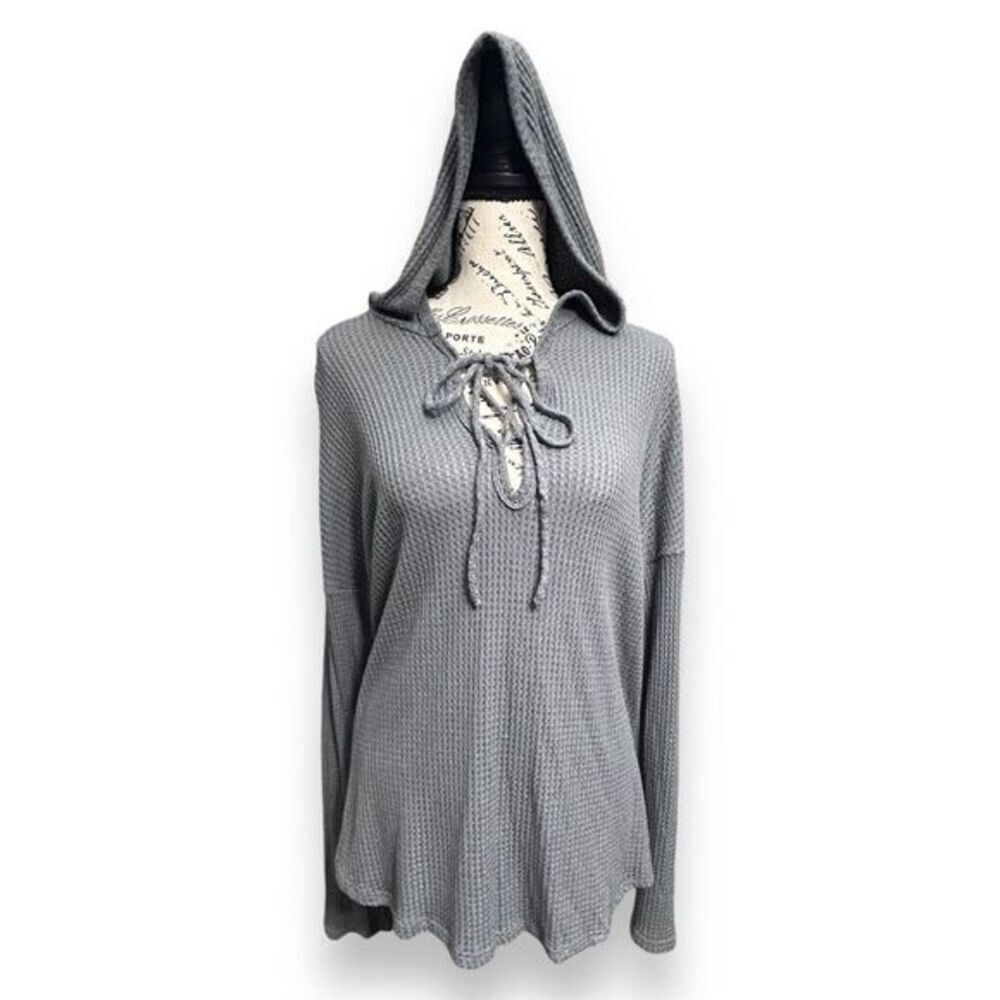 New‎ Fashion Nova 2X Gray Waffle Knit Hoodie Lace Up Long Sleeve Oversized Top